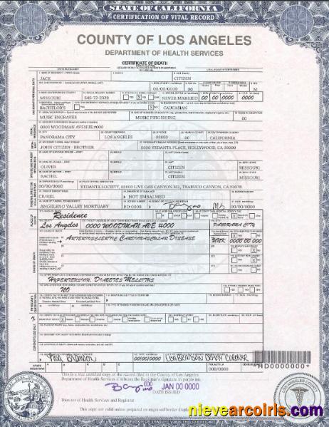 USA county of Los Angeles death certificate